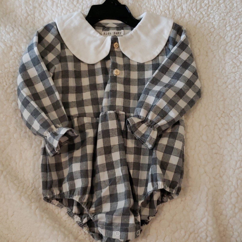 Plaid bubble long sleeve bodysuit with collar